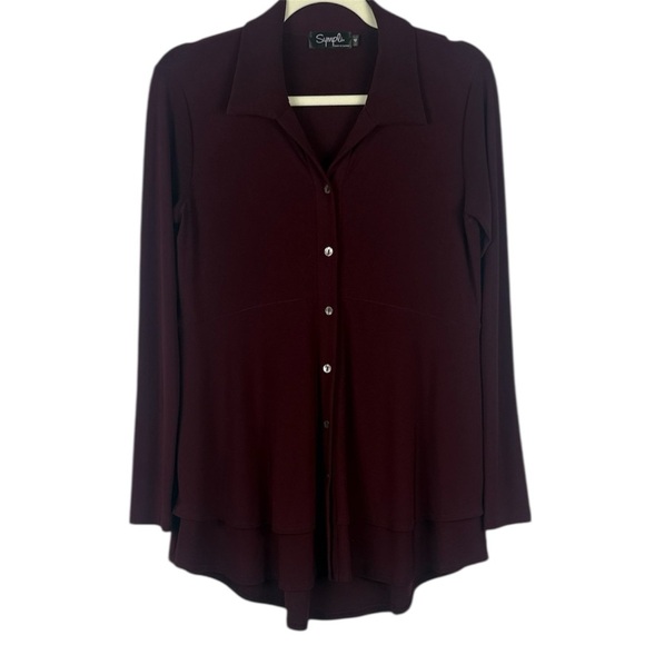 Sympli Deep Burgundy Flowy Fit Button Down Layered Hem Long Sleeve Blouse Size 4 - Picture 1 of 11